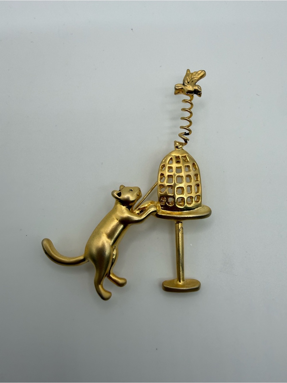 Vintage Gold Tone Cat Bird Cage Brooch Pin Moving Spring Bird